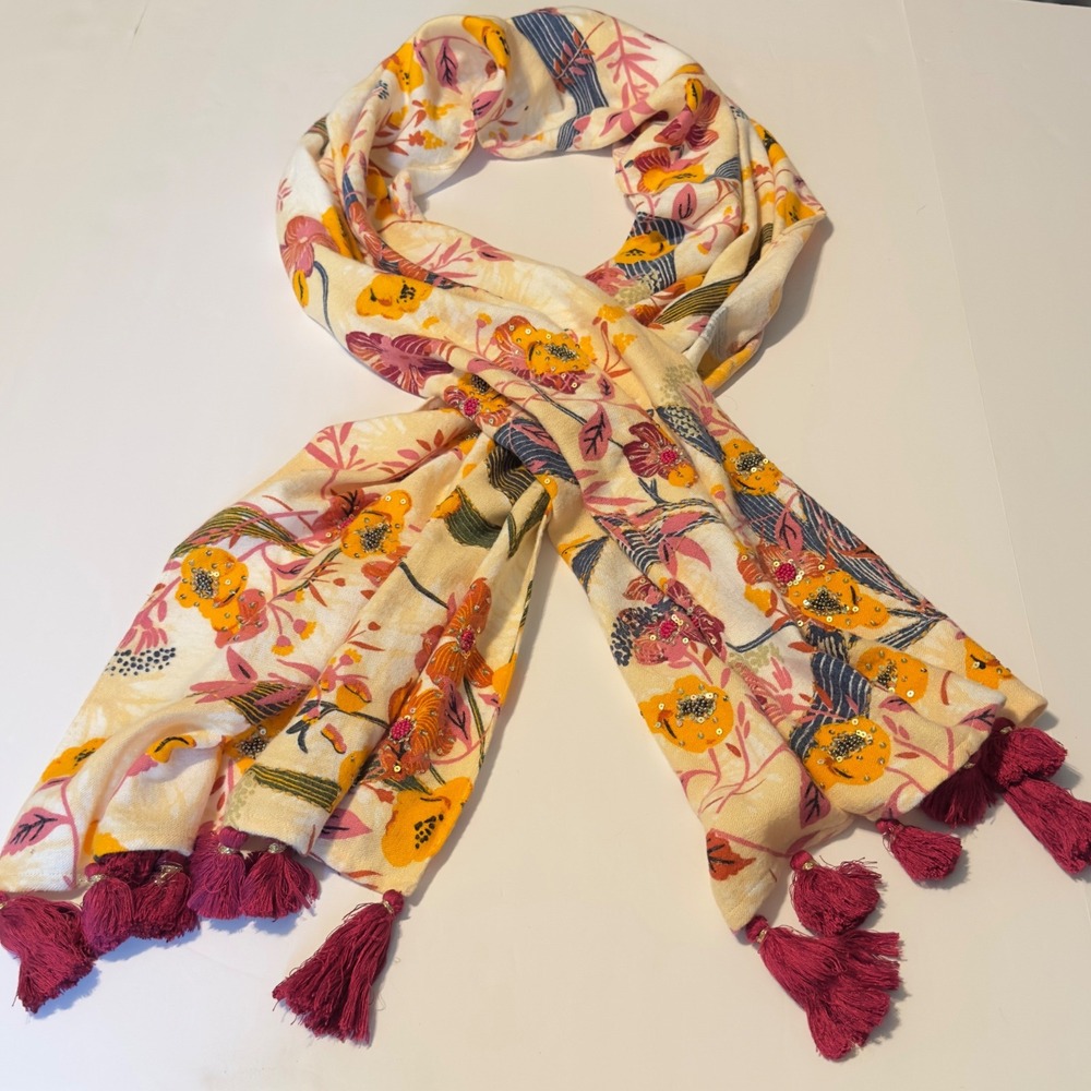 Floral Scarf Sequin Beaded Orange Pink Yellow Embellished Tassel Boho Wrap 19x76